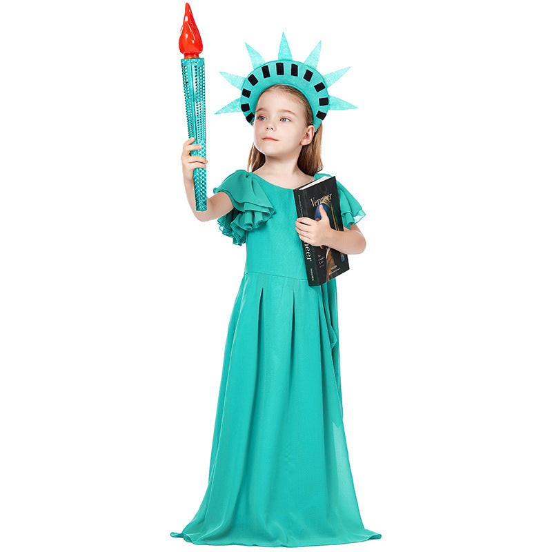 Girl costume as Statue of Liberty with elegant dress and accessories Mune Fashion