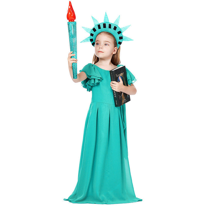 Girl costume as Statue of Liberty with elegant dress and accessories Mune Fashion