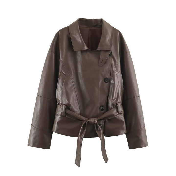 Women's tailored cropped faux leather jacket with tie belt and asymmetric button placket Mune Fashion