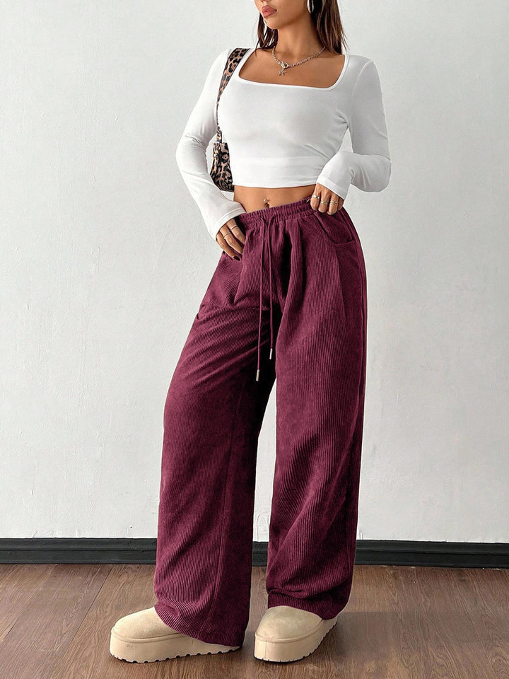 Ladies cord pants with wide leg, elastic waistband and drawstring Mune Fashion