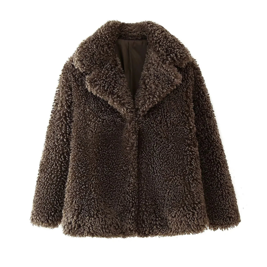 Women's teddy fur coat jacket with large shawl collar, warming padding and concealed closure Mune Fashion