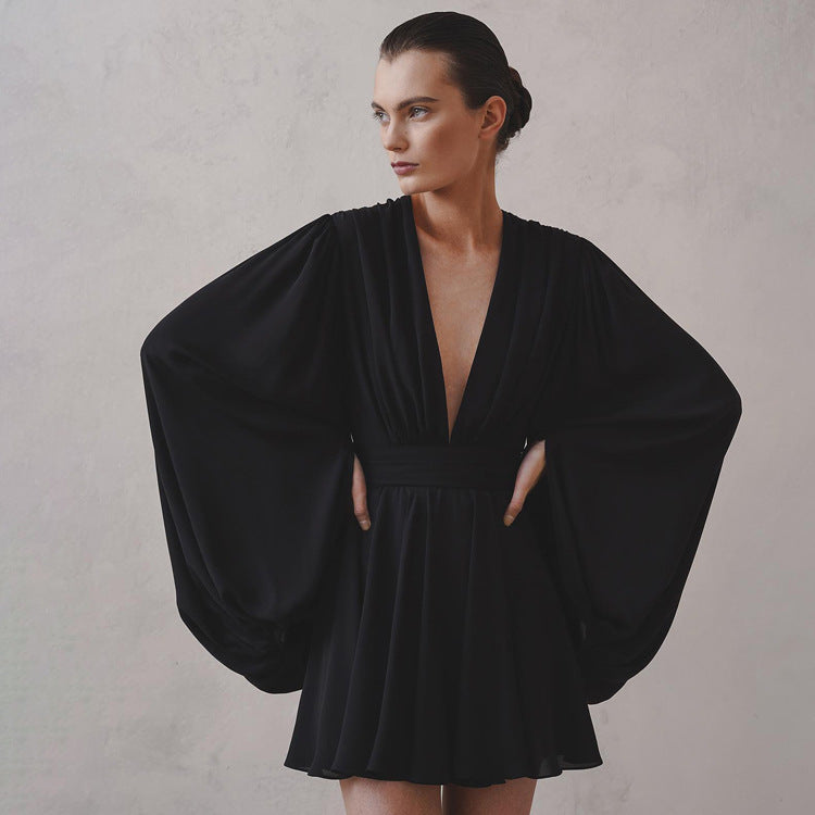 Ladies Elegant Mini Dress with Deep V-Neck, Balloon Sleeves and Fitted Pleated Skirt Mune Fashion