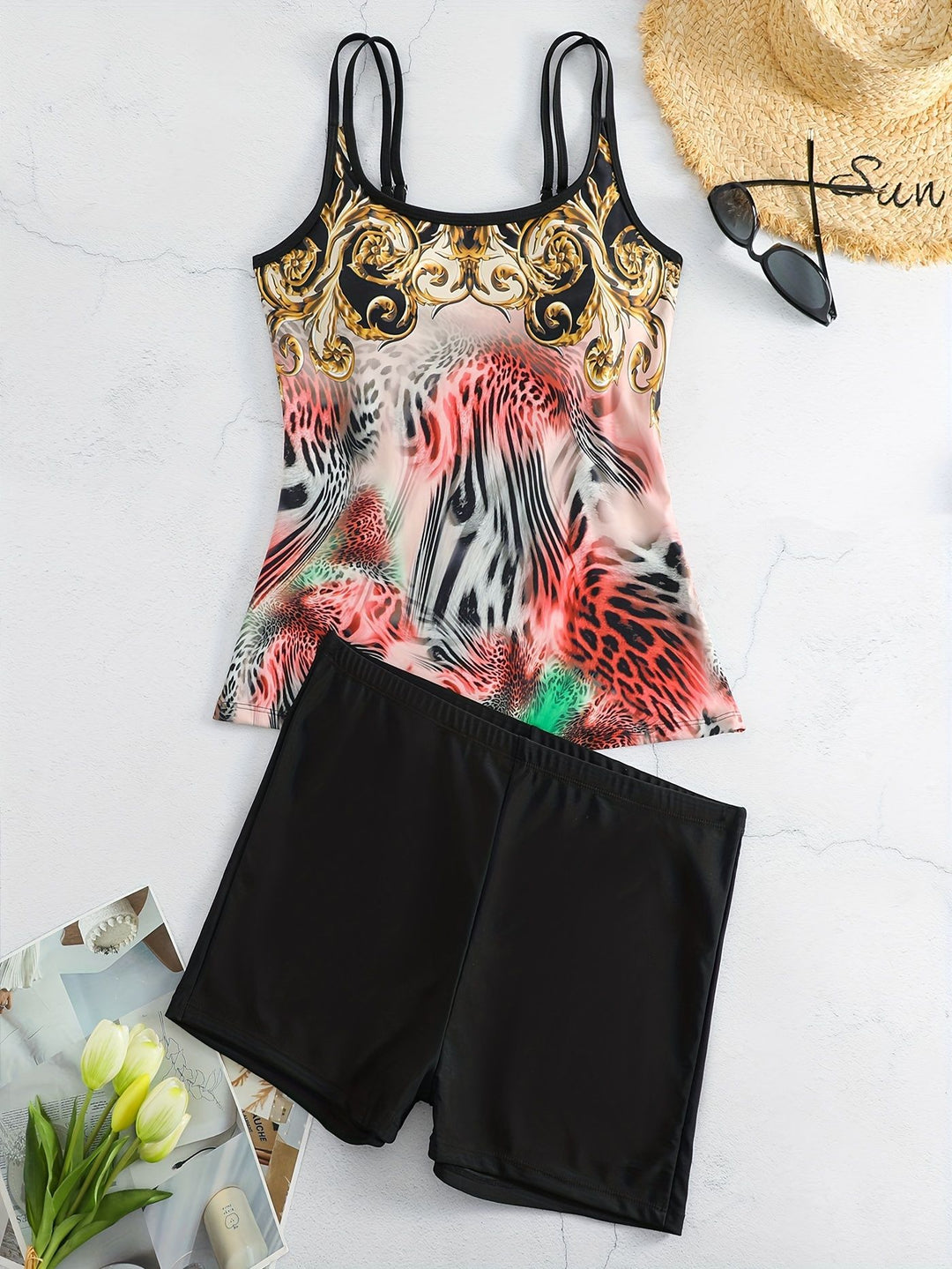 Ladies sporty tankini set with fashionable animal print and boxer shorts Mune Fashion