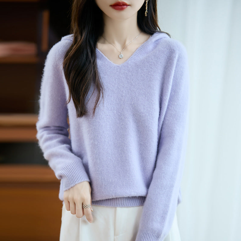 Women's Soft Mohair-Optic Hooded Sweater with V-Neck and Ribbed Hem