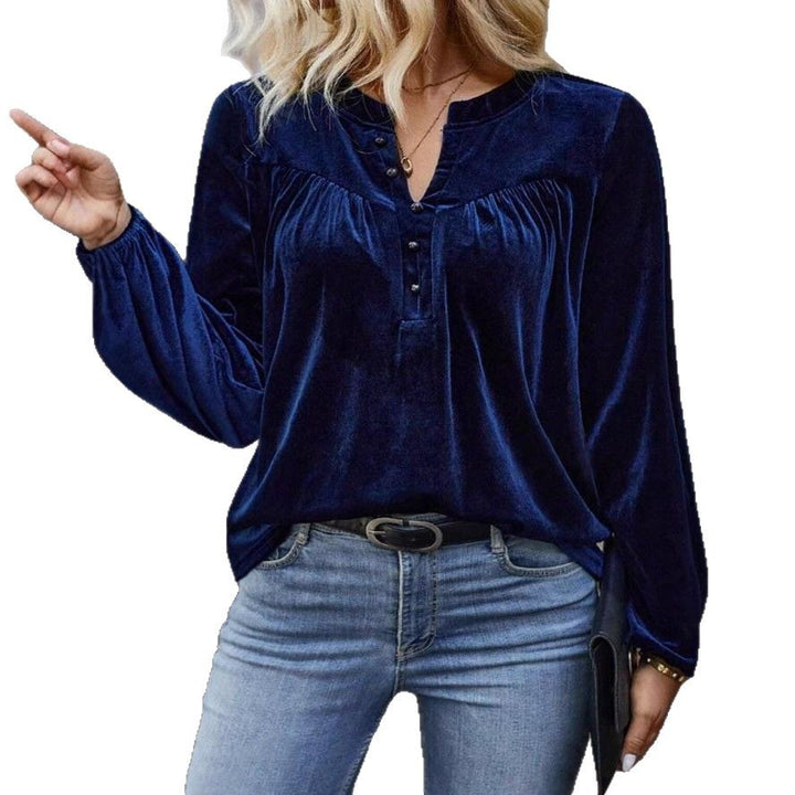 Women's velour sweatshirt with Henley button placket, gathered chest yoke, and relaxed silhouette Mune Fashion