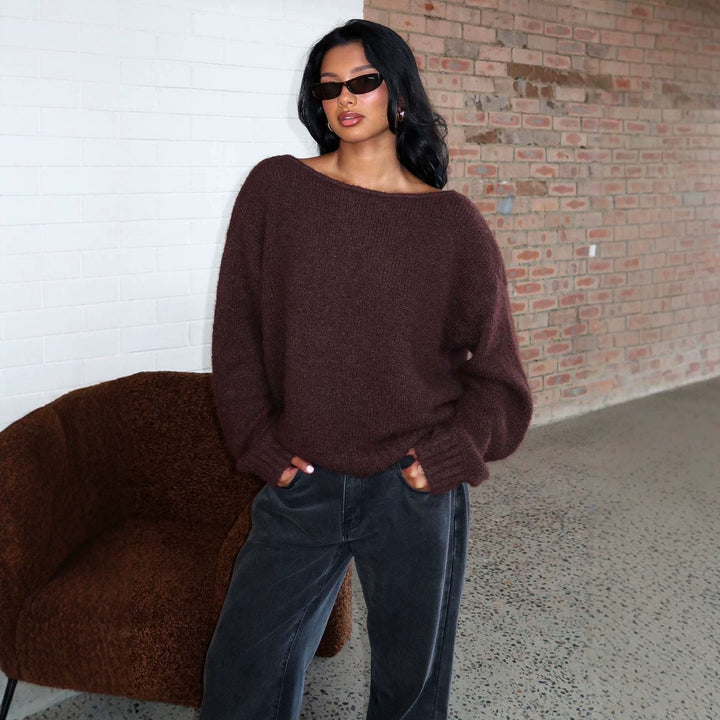 Women Oversize Boucle Sweater with Wide Boat Neck and Ribbed Cuffs Mune Fashion