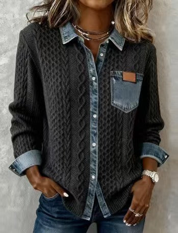 Women's braided knit sweater with integrated denim collar and chest pocket Mune Fashion