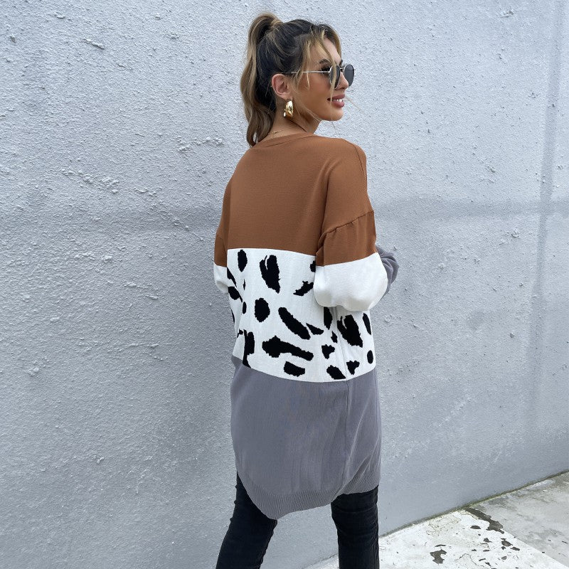 Women's Long Open Cardigan with Colorblock and Dalmatian Jacquard Pattern