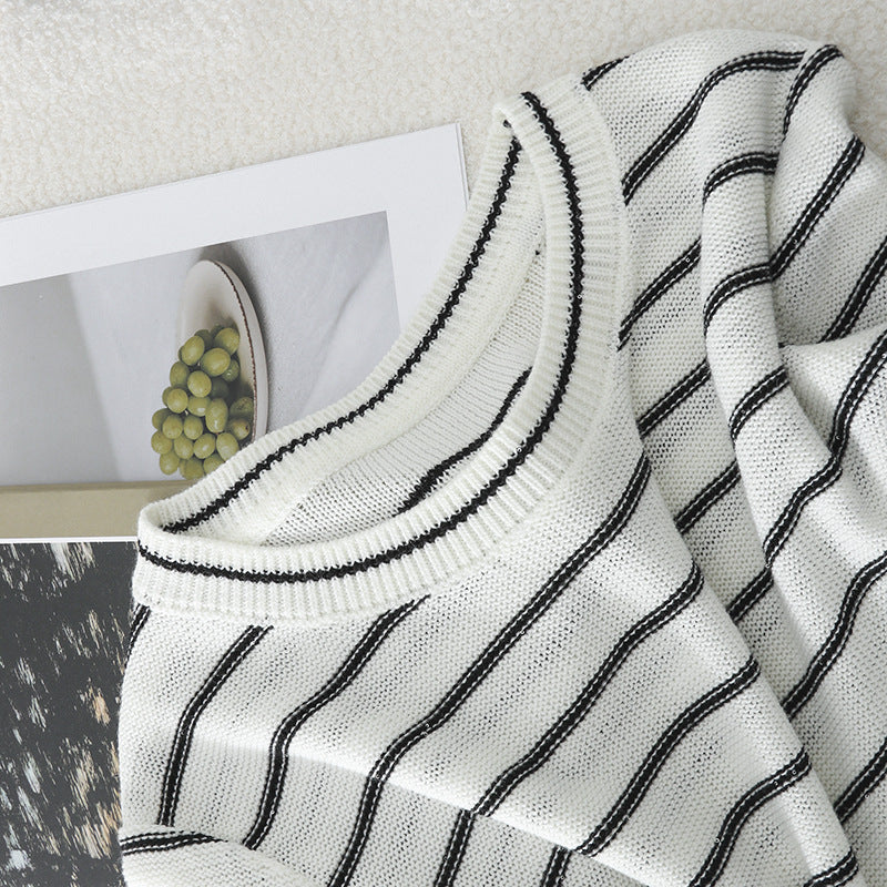Women Short Sleeve Fine Knit Sweater with Maritime Stripes Mune Fashion