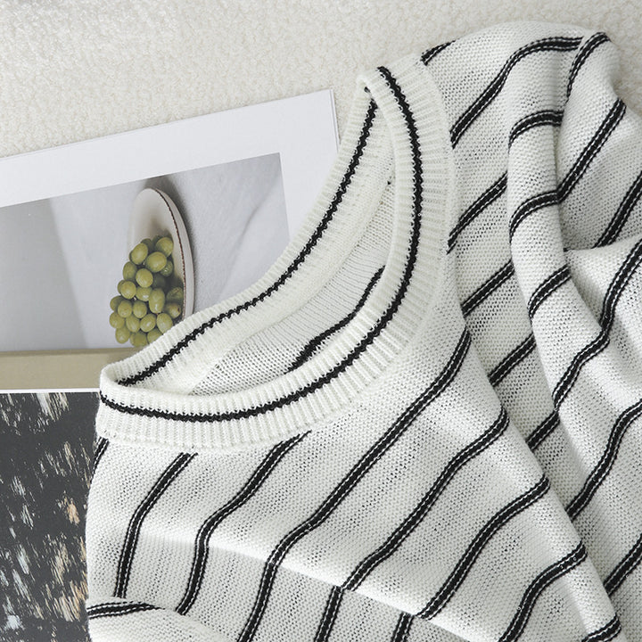 Women Short Sleeve Fine Knit Sweater with Maritime Stripes Mune Fashion