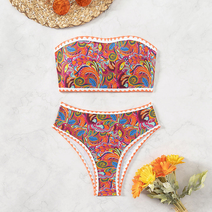 Women's bandeau bikini with colorful psychedelic design and elegant ruffles Mune Fashion