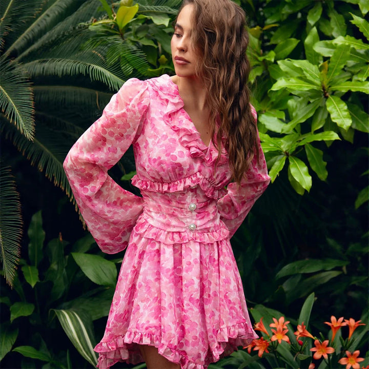 Women Short Ruffled Dress with Tailored Corset Waist and Balloon Sleeves Mune Fashion