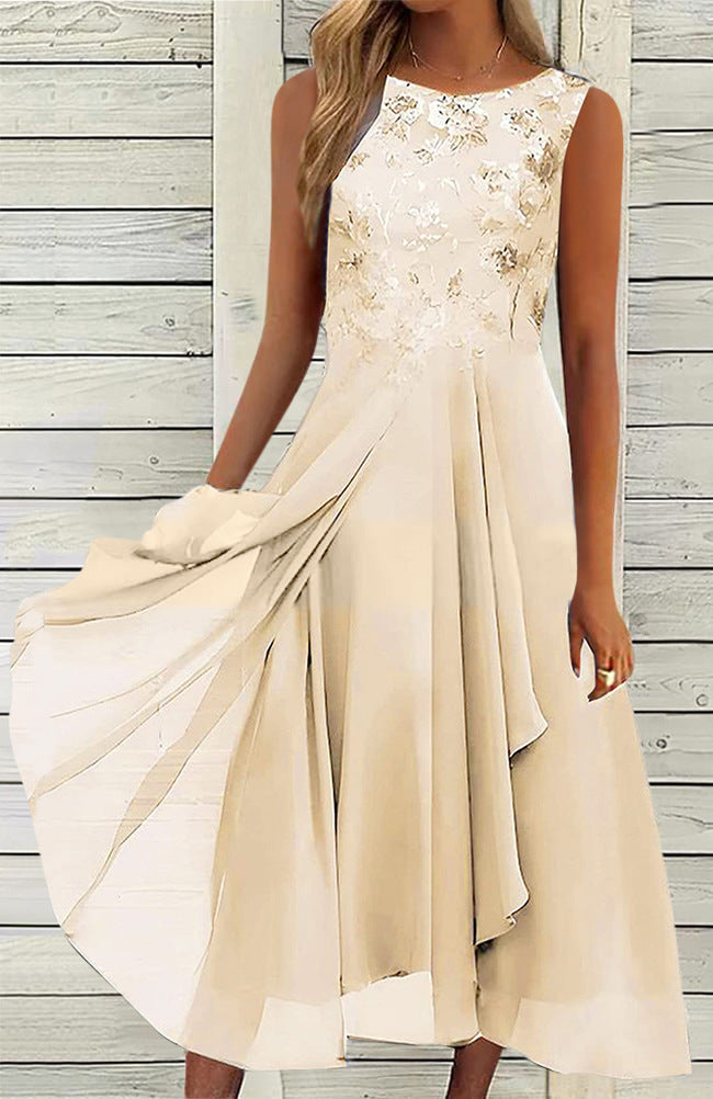 Women’s sleeveless chiffon midi dress with embroidered bodice and asymmetric layered skirt Mune Fashion