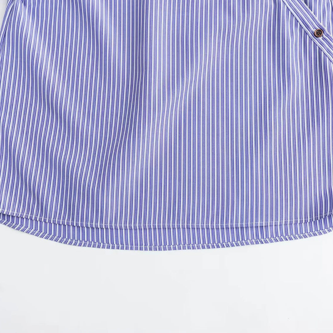 Women's Oversize Striped Blouse with Diagonal Button Placket and Kent Collar Mune Fashion
