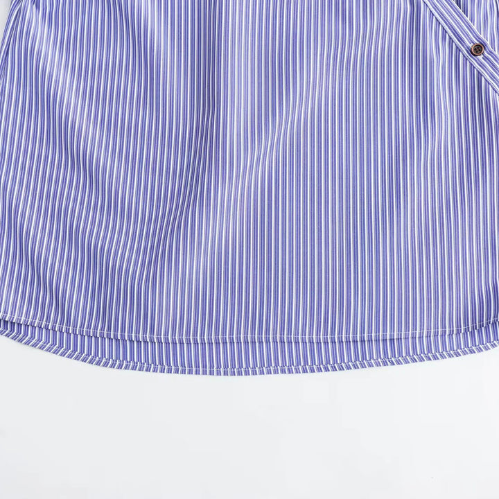 Women's Oversize Striped Blouse with Diagonal Button Placket and Kent Collar Mune Fashion