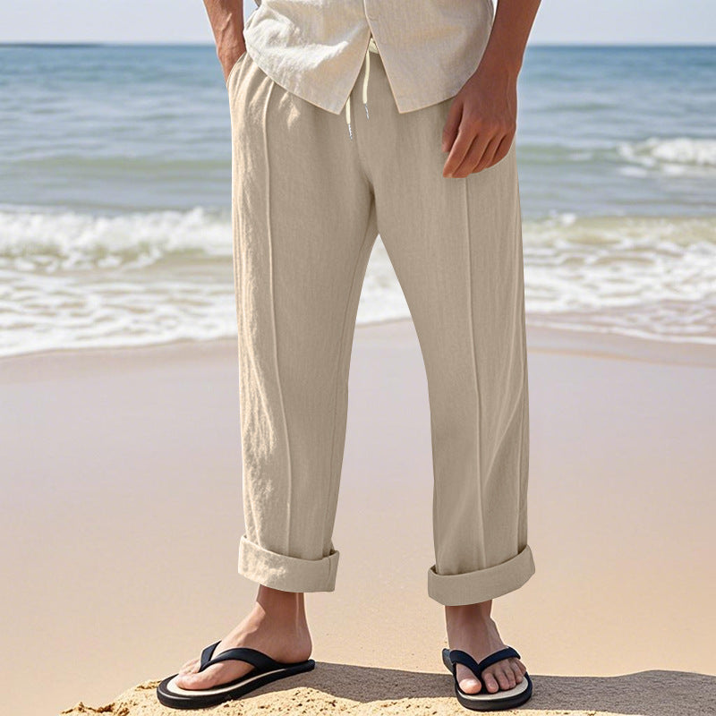 Men's Lightweight Pleated Casual Pants made of Linen Blend with Elastic Drawstring Waistband and Rolled Hem Mune Fashion