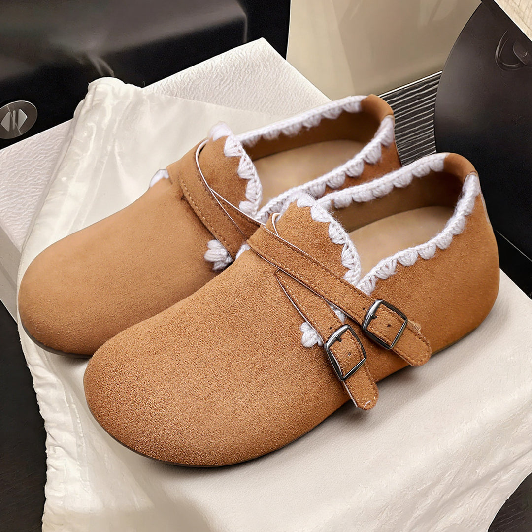 Ladies nan velour slip-on moccasin with decorative crochet trim and adjustable double buckles Mune Fashion