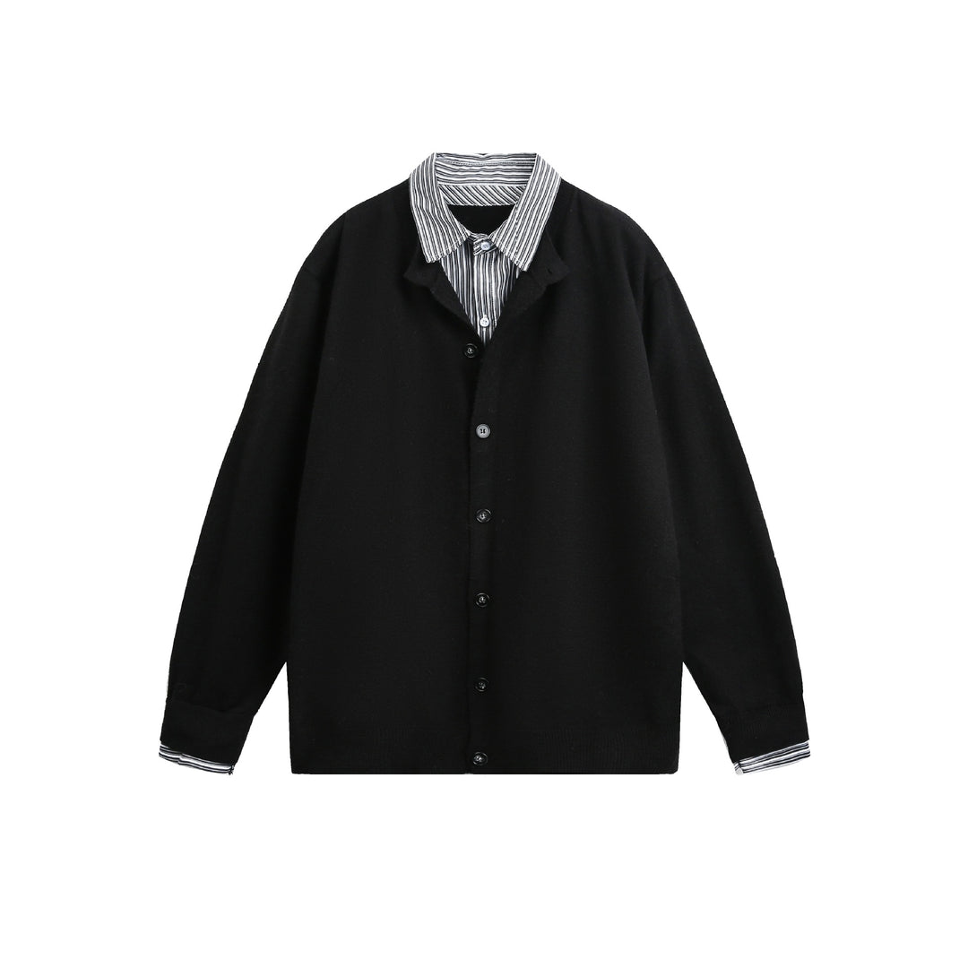 Unisex Layered Look Knit Cardigan with Integrated Shirt Collar and Button Placket Mune Fashion
