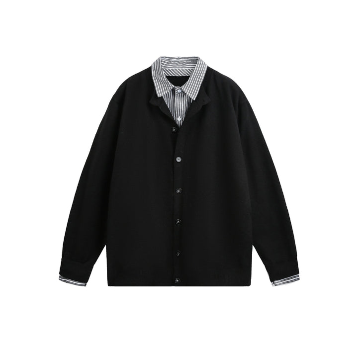 Unisex Layered Look Knit Cardigan with Integrated Shirt Collar and Button Placket Mune Fashion