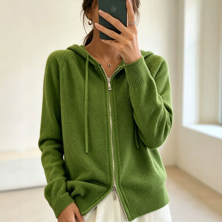 Women's hooded cardigan with zipper, fine knit and ribbed cuffs Mune Fashion
