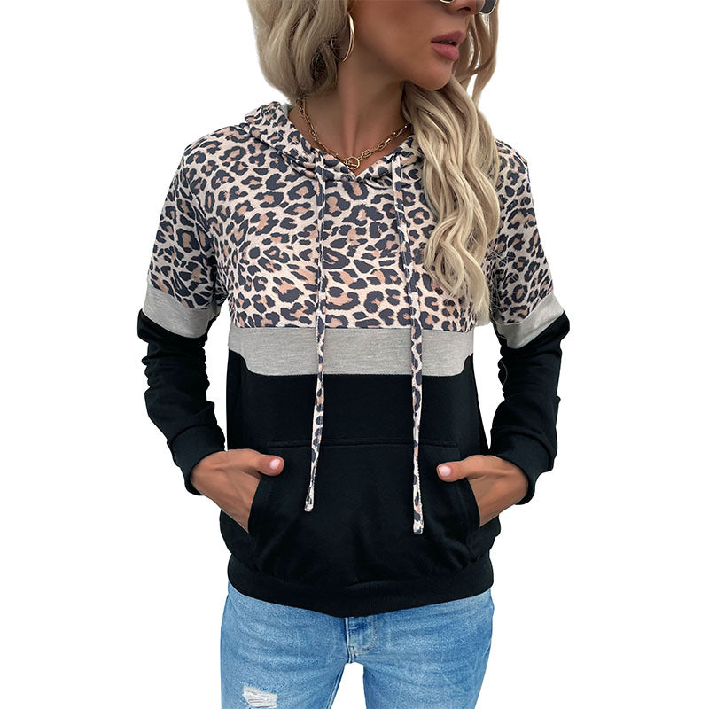 Women's hoodie with leopard print, color block insert and kangaroo pocket Mune Fashion
