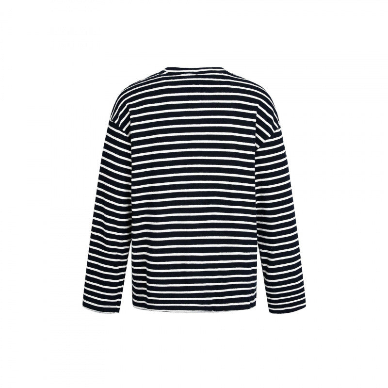 Unisex Maritime Striped Knit Shirt with Loose Fit and Round Neck Mune Fashion