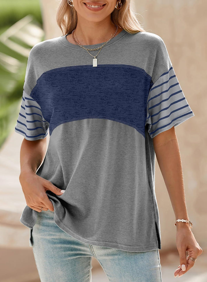 Women Oversize Shirt with Contrast Panel, Striped Sleeves and Side Slits Mune Fashion