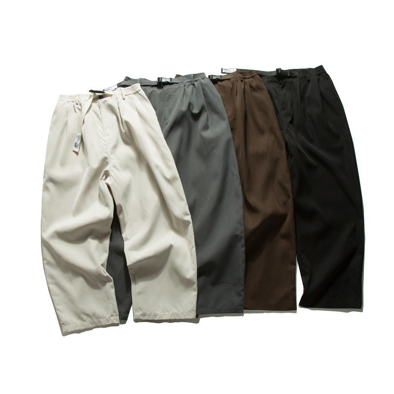 Men's Wide Relaxed Twill Pants with Elastic Waistband, D-Ring Belt, and Pleats Mune Fashion