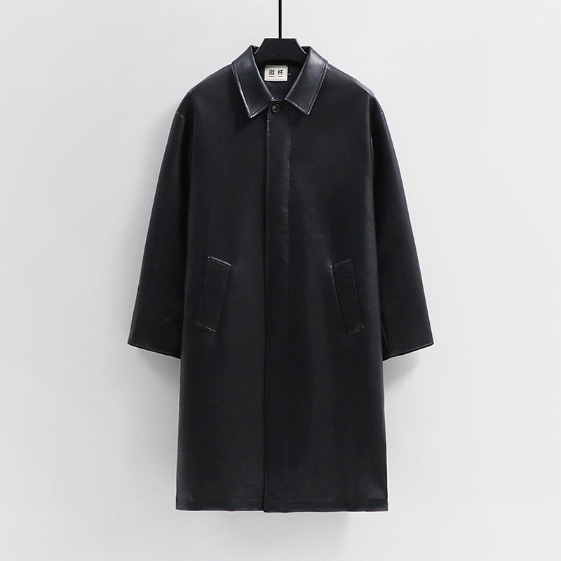 Men's longer minimalist faux leather coat with shirt collar, concealed button placket, and straight cut Mune Fashion