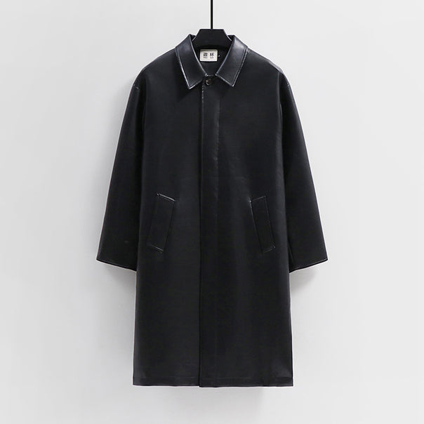Men's longer minimalist faux leather coat with shirt collar, concealed button placket, and straight cut Mune Fashion