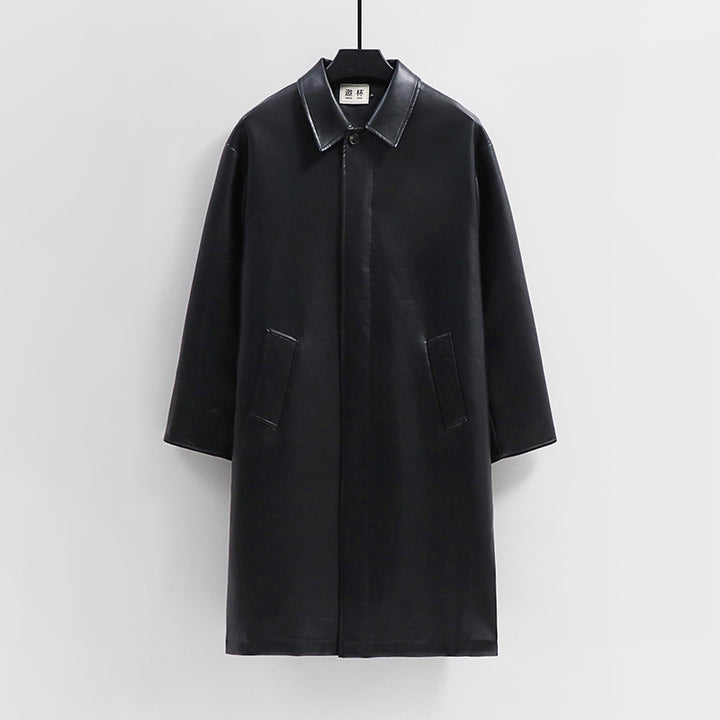 Men's longer minimalist faux leather coat with shirt collar, concealed button placket, and straight cut Mune Fashion