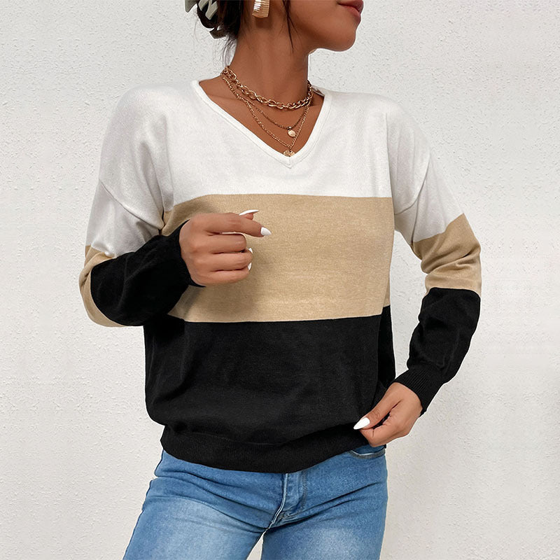 Women Elegant V-Neck Fine Knit Sweater with Wide Block Stripes Mune Fashion