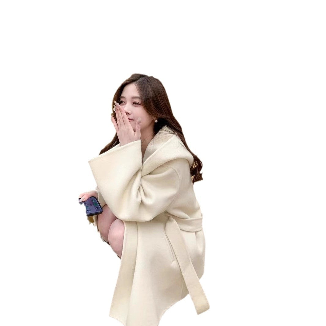 Women's Oversized Wool Coat with Hood and Waist Belt Mune Fashion