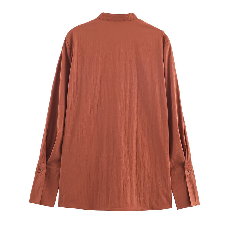 Women's Oversized Shirt Blouse with Mandarin Collar and Full Button Placket Mune Fashion