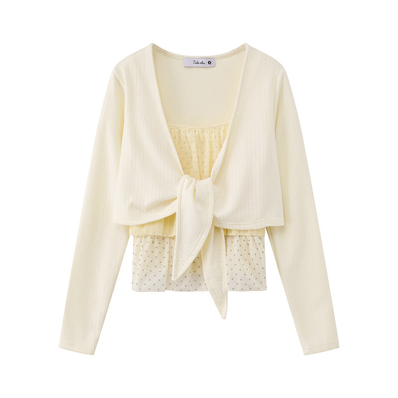 Women's Two-Piece Long Sleeve Top with Knot Front and Delicate Chiffon Under Top Mune Fashion