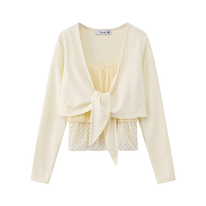 Women's Two-Piece Long Sleeve Top with Knot Front and Delicate Chiffon Under Top Mune Fashion