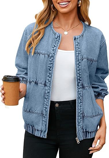 Women's bomber-style denim jacket with round neck, piping seams, and elastic hem Mune Fashion
