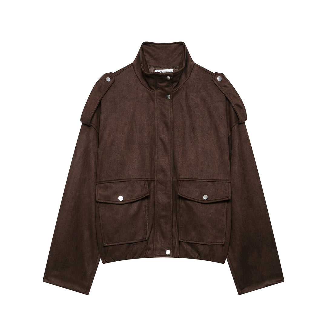 Women Short Suede Look Field Jacket with Stand-up Collar, Flap Pockets and Epaulettes Mune Fashion
