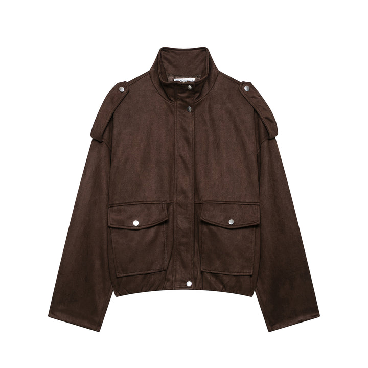 Women Short Suede Look Field Jacket with Stand-up Collar, Flap Pockets and Epaulettes Mune Fashion