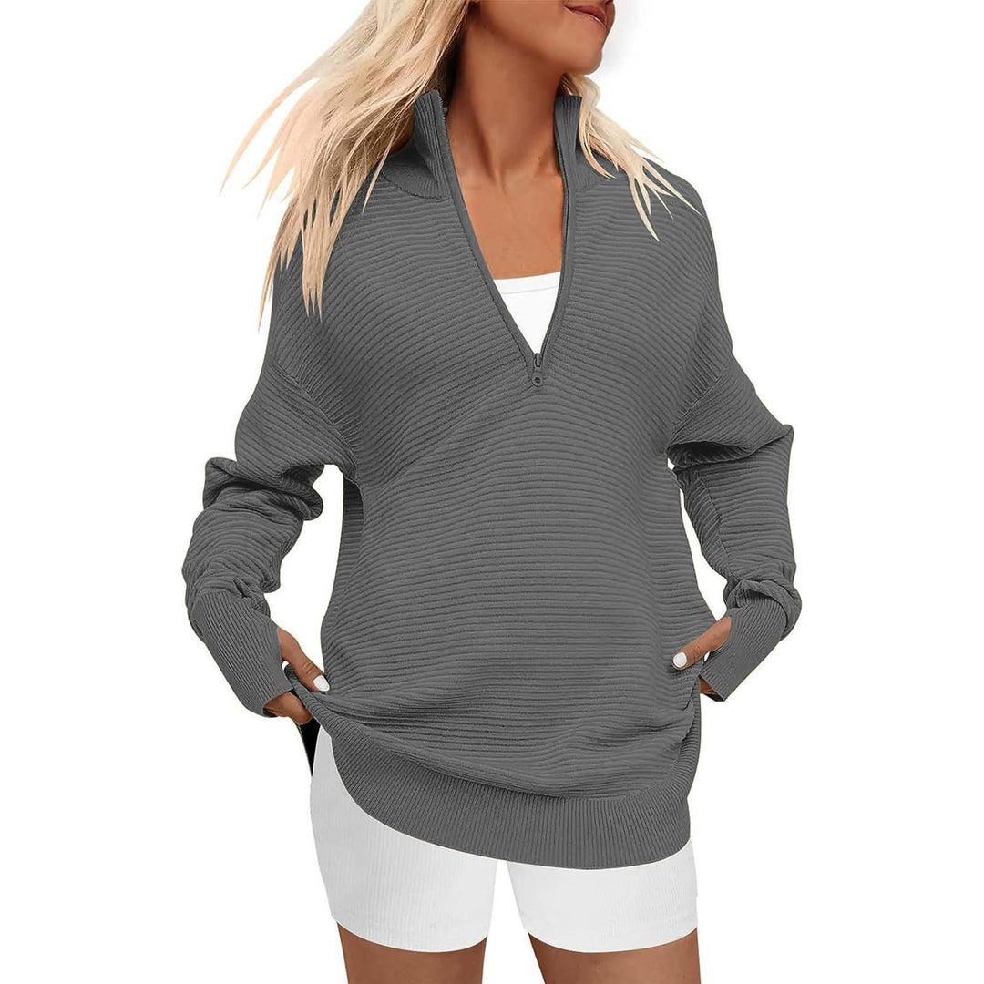 Ladies Oversized Fine Knit Sweater with Half Zipper, Stand Collar and Thumb Hole Sleeves Mune Fashion