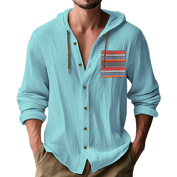 Men's lightweight hooded shirt jacket made of structured cotton blend with ethnic chest pocket and button placket Mune Fashion