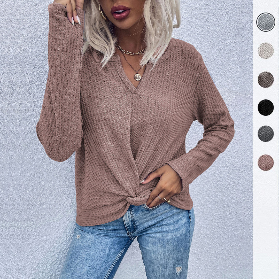 Women Waffle Knit Long Sleeve with V-neck and Knot Front Mune Fashion