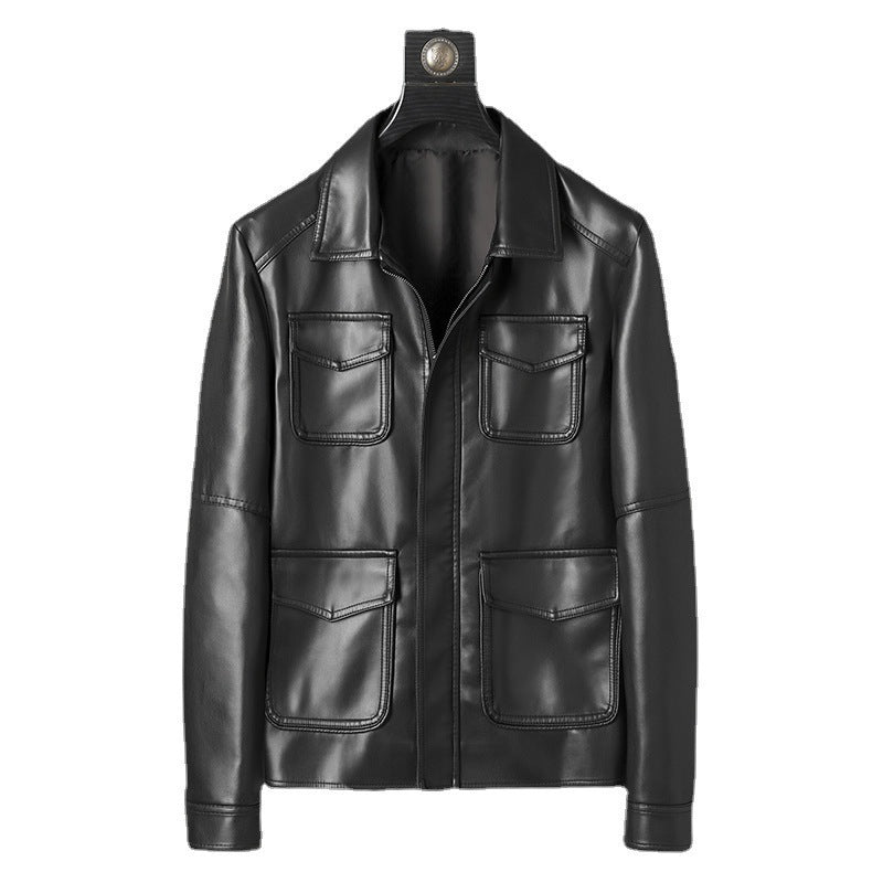 Men's smooth artificial leather field jacket with four patch pockets Mune Fashion