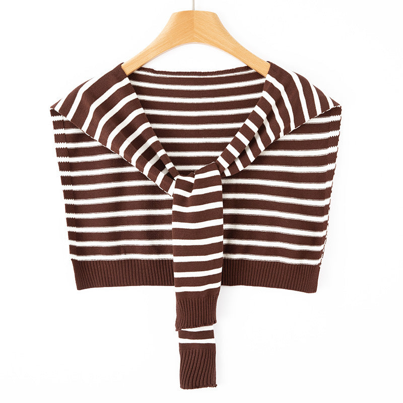 Women's Short Knitted Shoulder Cape to Tie Striped Fine Knit Wrap Stole Mune Fashion