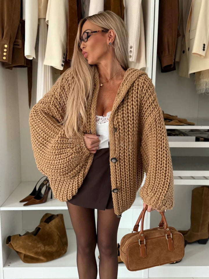 Women's Oversized Knit Cardigan with Hood, Chunky Knit Yarn and Button Placket Mune Fashion