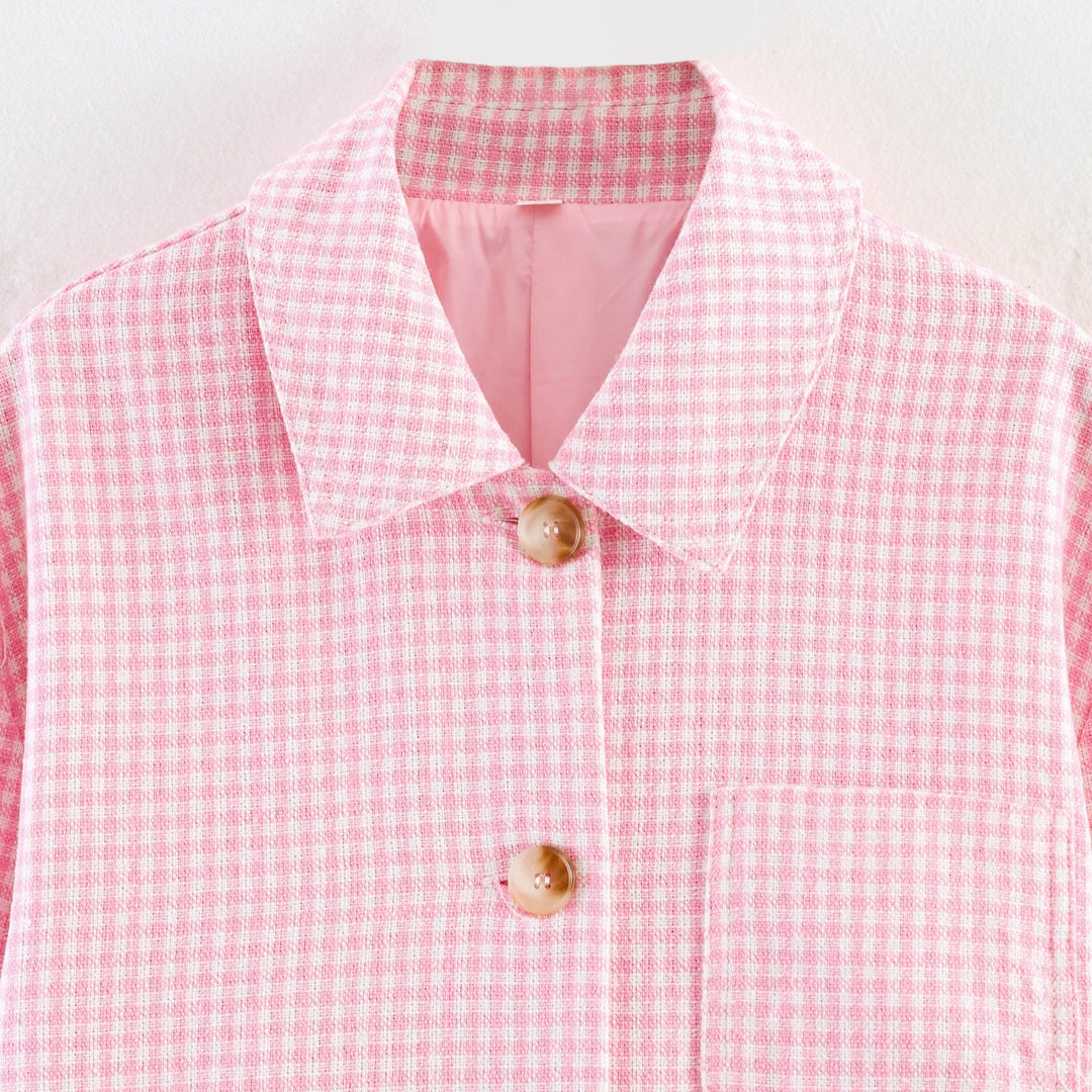 Women's Boxy Transitional Jacket with Check Pattern, Shirt Collar and Patch Pockets Mune Fashion