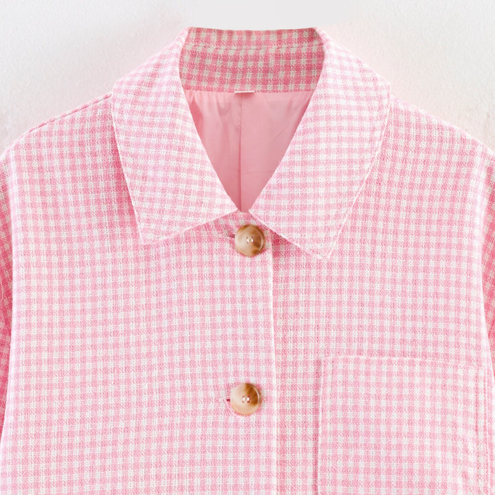 Women's Boxy Transitional Jacket with Check Pattern, Shirt Collar and Patch Pockets Mune Fashion