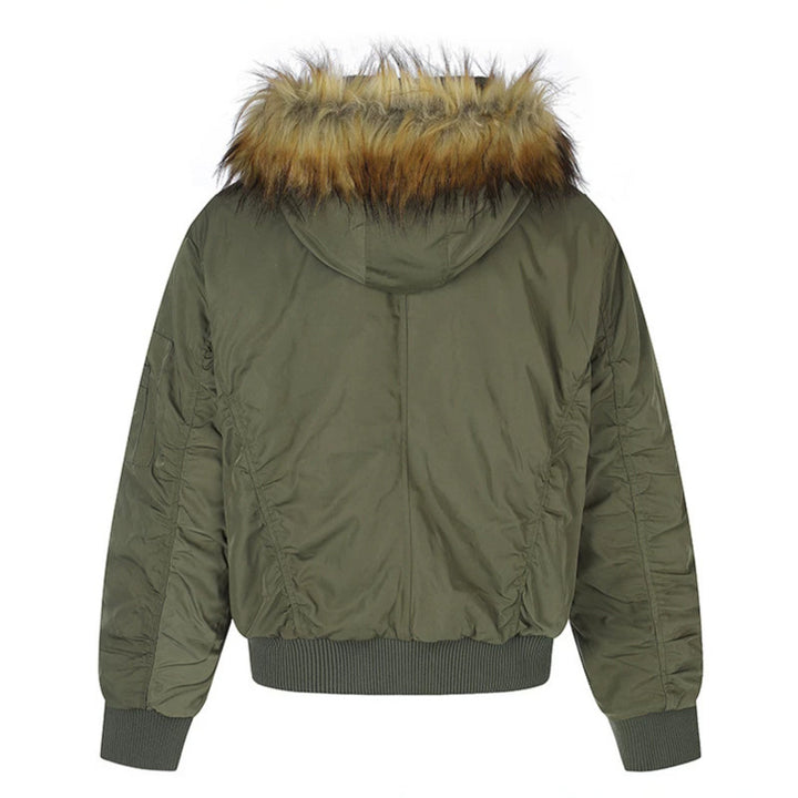Women's short-cut bomber jacket with faux fur hood and eyelet application Mune Fashion