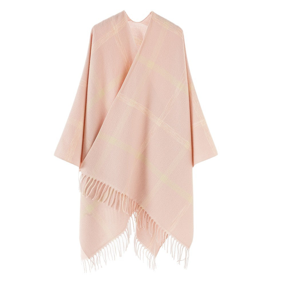 Women Wool Blend Throw Poncho with Large Check Pattern and Fringed Hem Mune Fashion