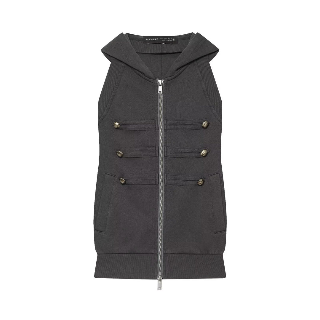 Women's Sleeveless Hooded Vest with Zipper and Military Decorative Buttons Mune Fashion